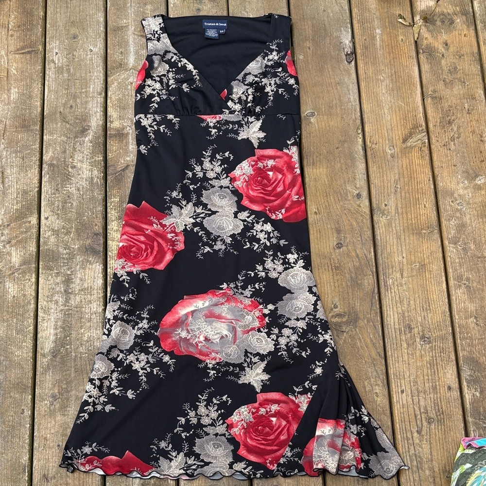 90s vintage Tristan & Iseut Floral Black and Red Sleeveless Dress size S